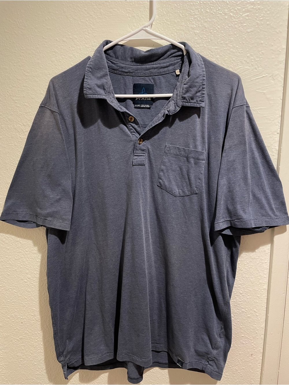 prAna Men's XL Blue Short Sleeve Polo Shirt Cotton Blend Pocket